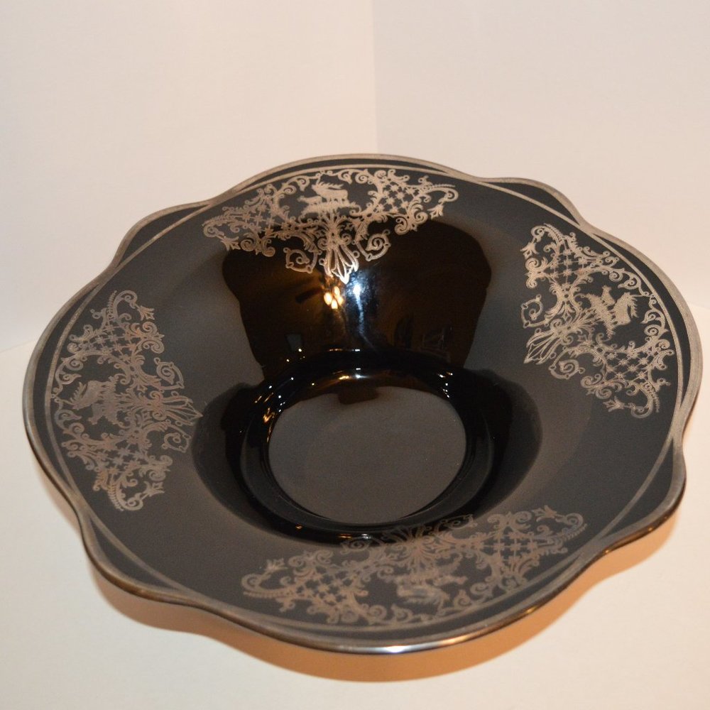 Black Glass Silver Color Inlay Unmarked German Glass Stag Design Decorative Bowl